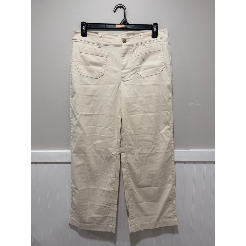 L.L. Bean Comfort Stretch Pant Wide Leg Mid Rise Cream Preppy Women Sz 14 Petite